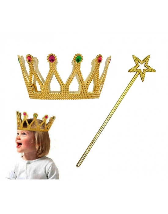 Çocuk Boy Kraliçe Prenses Tacı Ve Yıldız Peri Asası Altın Renk