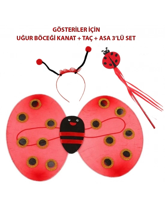 Çocuk Gösteri İçin Uğur Böceği Kanat + Taç + Asa 3'lü Kostüm Seti
