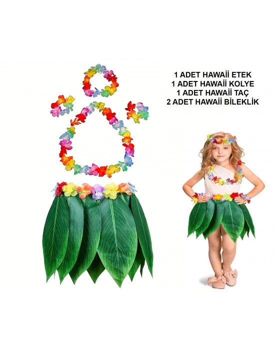 Çocuk Hawaii Kostüm Seti - Yaprak Etek & Hawaii Set - 5 Parça