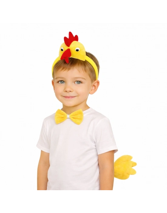 Çocuk Horoz Tavuk Kostüm Seti 3 Parça (Taç + Papyon + Kuyruk)