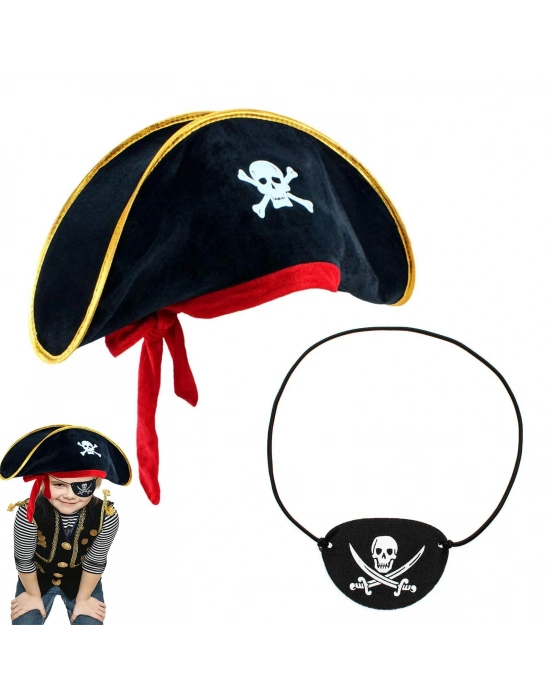 Çocuk Kadife Korsan Şapka & Vinleks Deri Göz Bandı Seti
