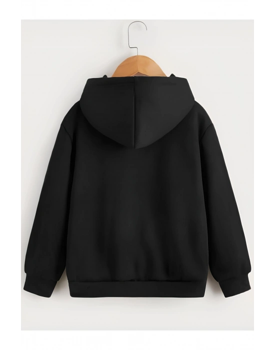 Çocuk   Kapüşonlu Çizgi Kalp Baskılı Sweatshirt - Siyah