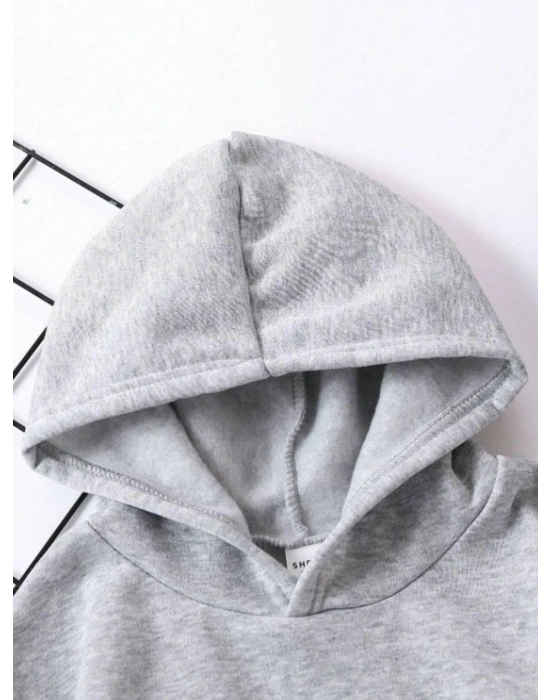 Çocuk   Kapüşonlu Kedicik Baskılı Pamuklu Sweatshirt - Gri