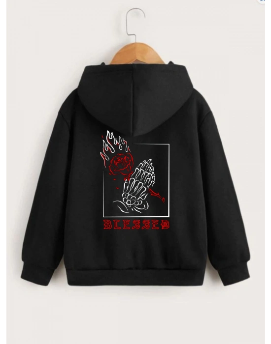 Çocuk   Kapüşonlu Ön ve Arka Blessed Baskılı Sweatshirt - Siyah