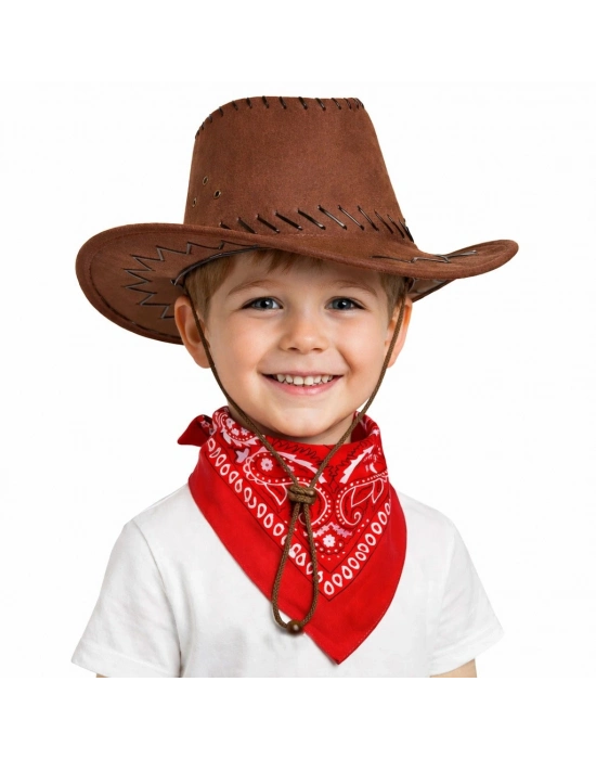Çocuk Kovboy Şapka Kahverengi & Kırmızı Bandana Fular Seti