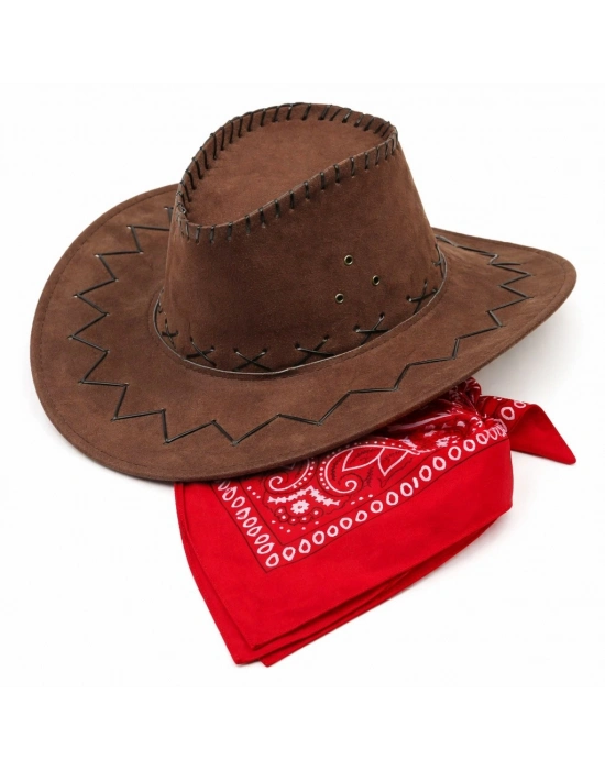 Çocuk Kovboy Şapka Kahverengi & Kırmızı Bandana Fular Seti