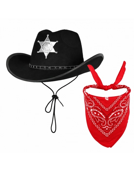 Çocuk Kovboy Şapka Rozetli Siyah & Kırmızı Bandana Fular Seti