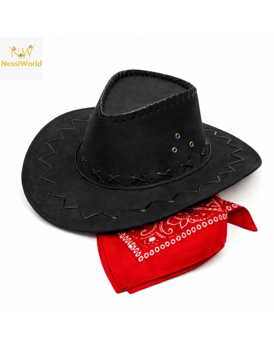 Çocuk Kovboy Şapka Siyah & Kırmızı Bandana Seti