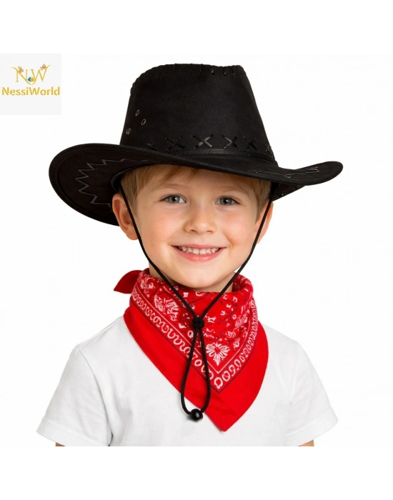 Çocuk Kovboy Şapka Siyah & Kırmızı Bandana Seti