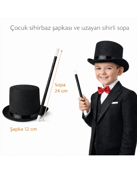 Çocuk Sihirbaz Şapkası ve Uzayan Yaylı Sihirli Sopa Seti