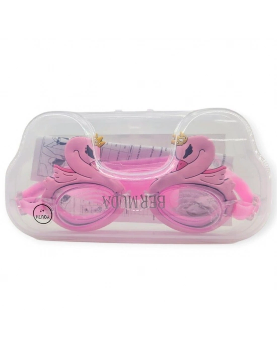 Çocuk Yüzücü Gözlüğü Silikon Taşıma Çantalı Pembe Kuğu - 9014