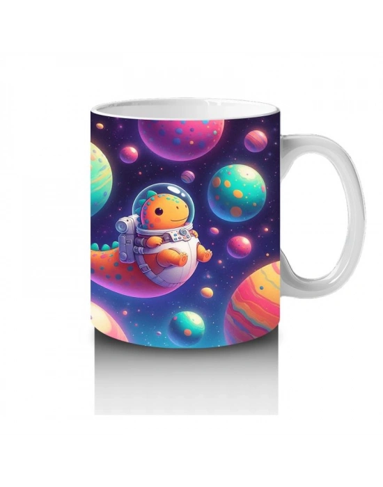 Çocuklara Sütü Sevdiren Astronot Dinozor ve Renkli Gezegenler Desenli Kupa Bardak
