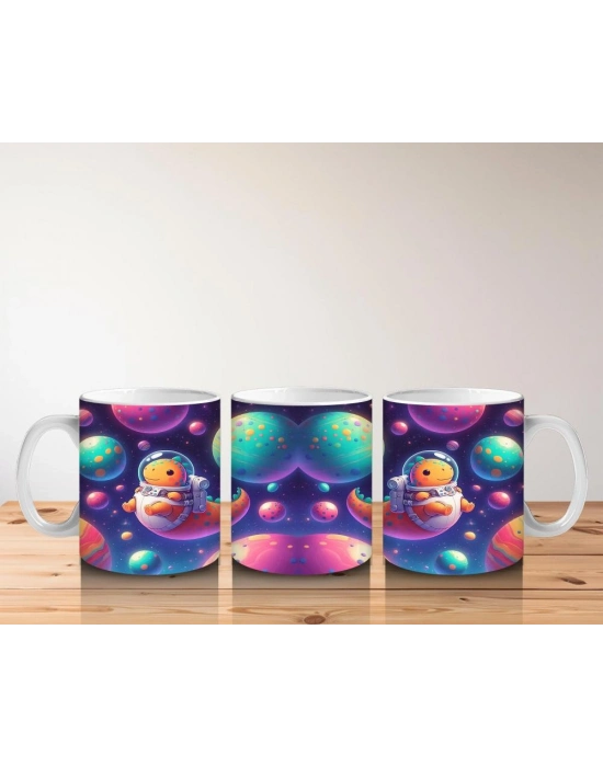 Çocuklara Sütü Sevdiren Astronot Dinozor ve Renkli Gezegenler Desenli Kupa Bardak