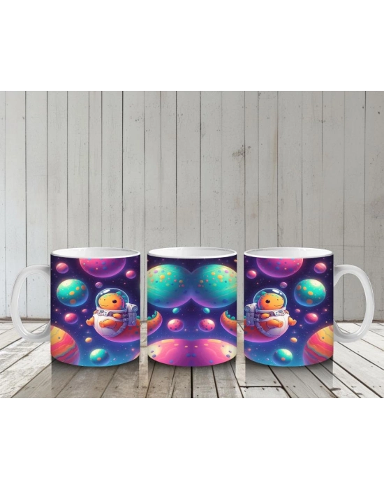 Çocuklara Sütü Sevdiren Astronot Dinozor ve Renkli Gezegenler Desenli Kupa Bardak