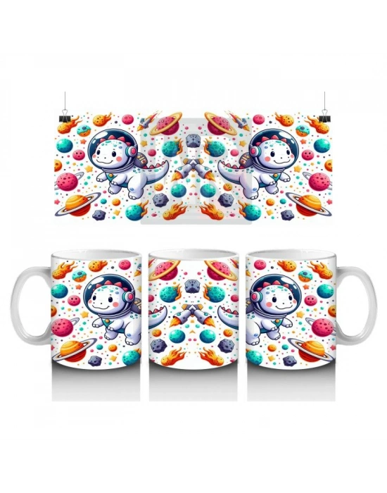 Çocuklara Sütü Sevdiren Astronot Kasklı Sevimli Dinozor Desenli Kupa Bardak