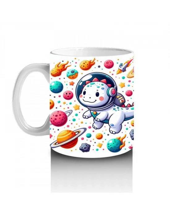 Çocuklara Sütü Sevdiren Astronot Kasklı Sevimli Dinozor Desenli Kupa Bardak