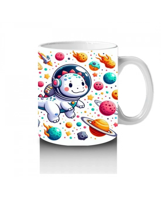 Çocuklara Sütü Sevdiren Astronot Kasklı Sevimli Dinozor Desenli Kupa Bardak