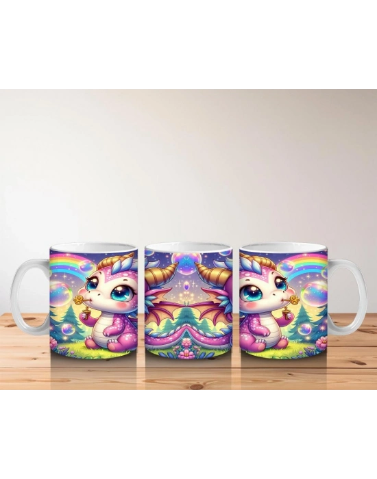 Çocuklara Sütü Sevdiren Baloncuk Üfleyen Sevimli Ejderha Desenli Kupa Bardak