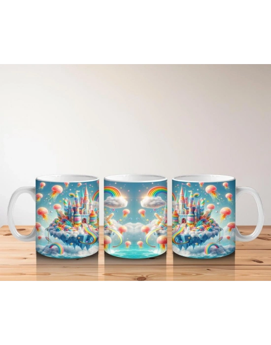 Çocuklara Sütü Sevdiren Balonlu Gökkuşağı Şatosu Kupa Bardak