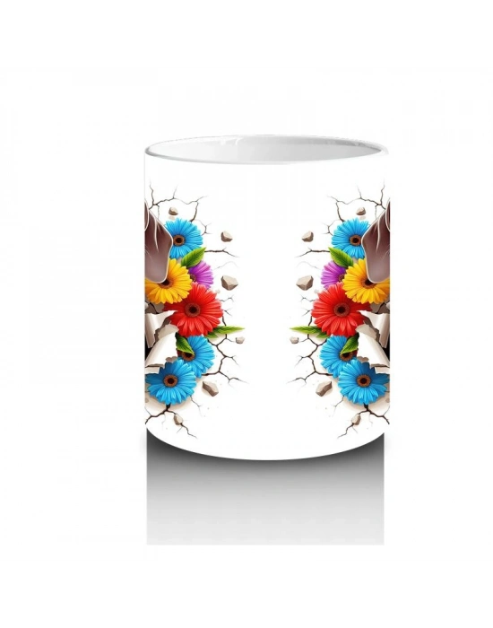 Çocuklara Sütü Sevdiren Çiçek Buketli Yavru Köpek Kupa Bardak