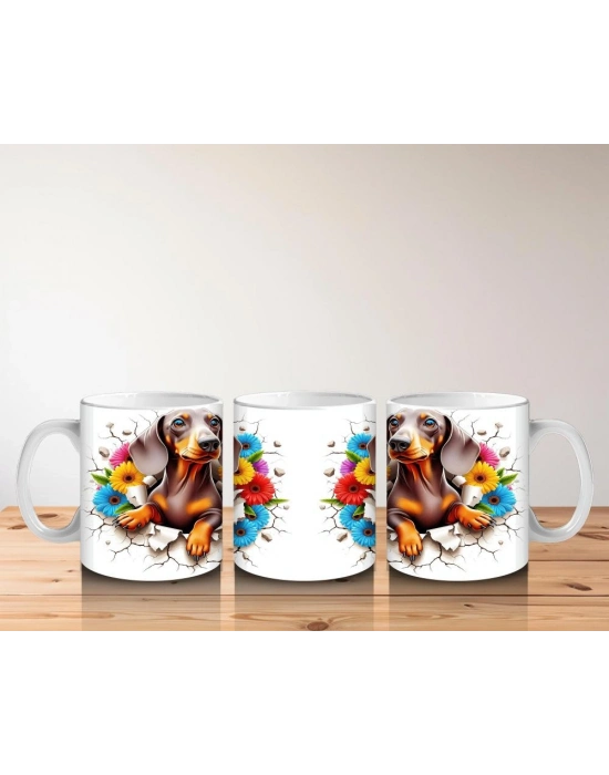 Çocuklara Sütü Sevdiren Çiçek Buketli Yavru Köpek Kupa Bardak