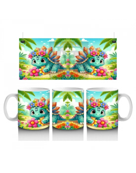 Çocuklara Sütü Sevdiren Çiçek Taçlı Sevimli Dinozor Desenli Kupa Bardak