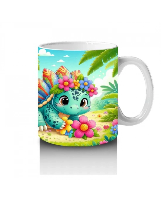 Çocuklara Sütü Sevdiren Çiçek Taçlı Sevimli Dinozor Desenli Kupa Bardak
