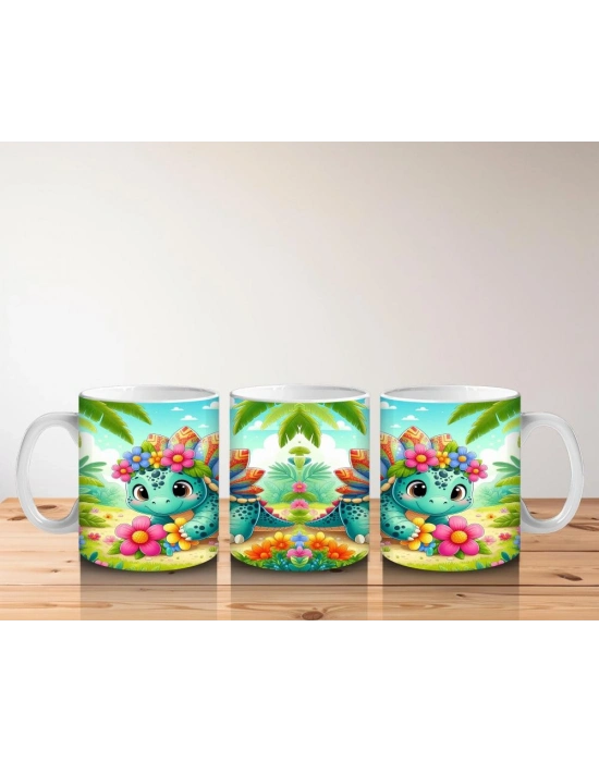 Çocuklara Sütü Sevdiren Çiçek Taçlı Sevimli Dinozor Desenli Kupa Bardak