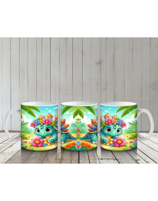 Çocuklara Sütü Sevdiren Çiçek Taçlı Sevimli Dinozor Desenli Kupa Bardak