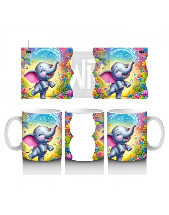 Çocuklara Sütü Sevdiren Çiçekler Arasında Su Sıçratan Neşeli Fil Desenli Kupa Bardak