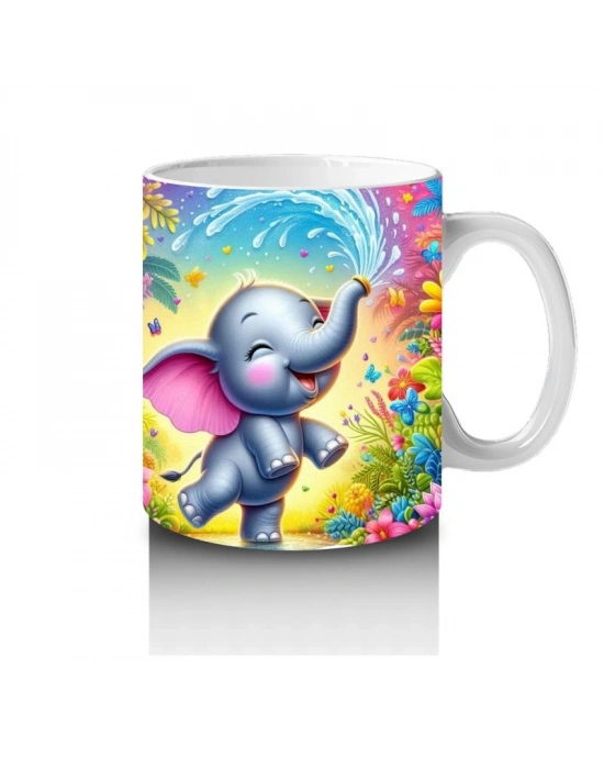 Çocuklara Sütü Sevdiren Çiçekler Arasında Su Sıçratan Neşeli Fil Desenli Kupa Bardak