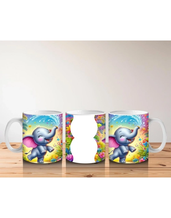 Çocuklara Sütü Sevdiren Çiçekler Arasında Su Sıçratan Neşeli Fil Desenli Kupa Bardak