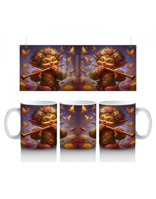 Çocuklara Sütü Sevdiren Çiçekli Flüt Çalan Elf Desenli Kupa Bardak