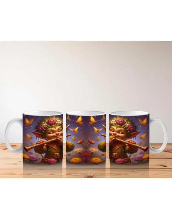 Çocuklara Sütü Sevdiren Çiçekli Flüt Çalan Elf Desenli Kupa Bardak