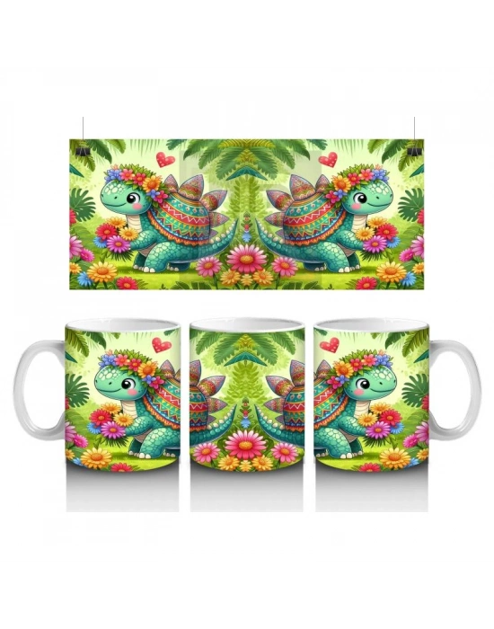 Çocuklara Sütü Sevdiren Çiçekli Kalpli Sevimli Dinozor Desenli Kupa Bardak