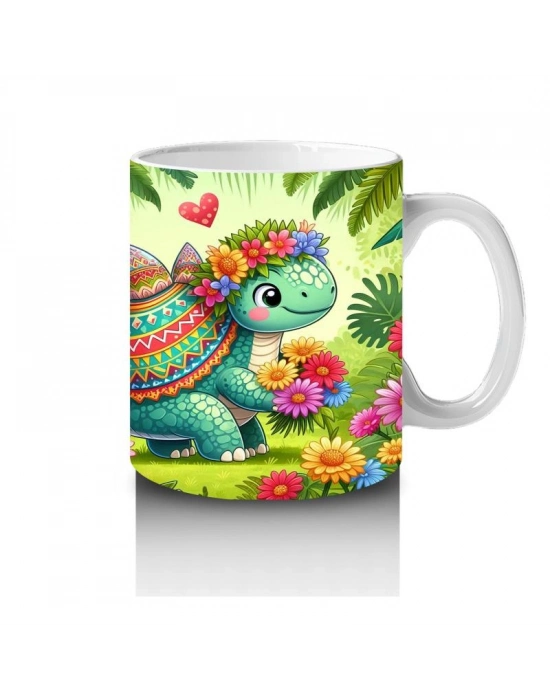Çocuklara Sütü Sevdiren Çiçekli Kalpli Sevimli Dinozor Desenli Kupa Bardak
