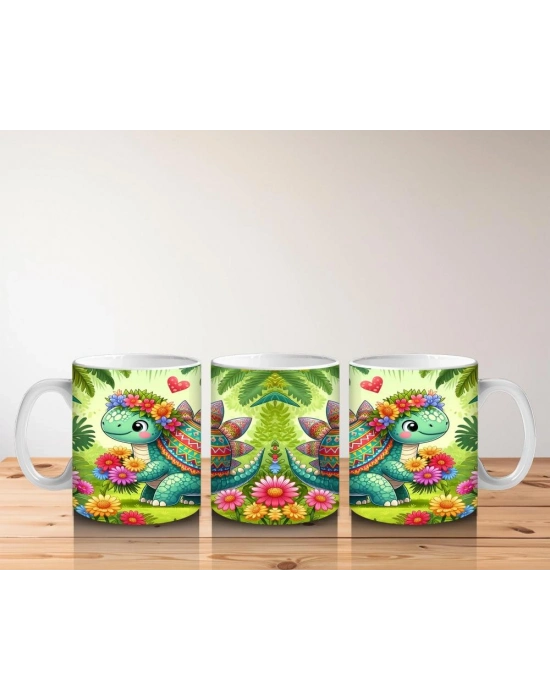 Çocuklara Sütü Sevdiren Çiçekli Kalpli Sevimli Dinozor Desenli Kupa Bardak