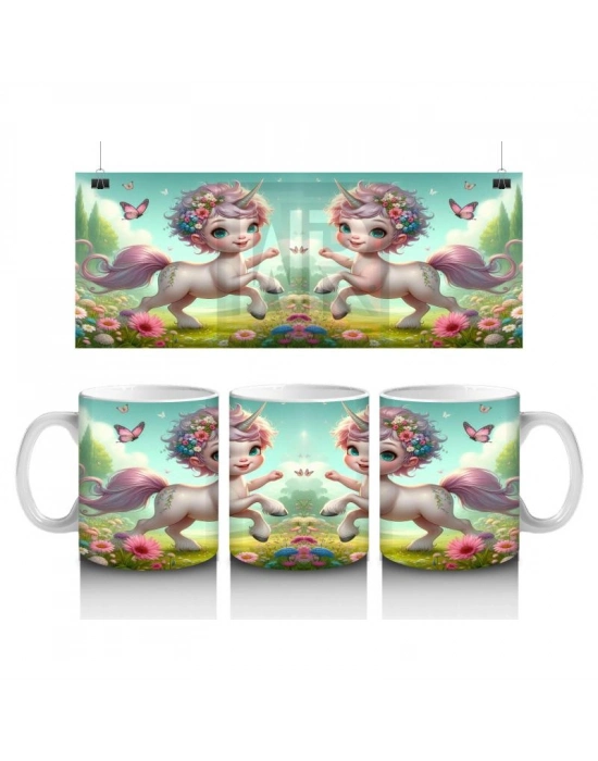 Çocuklara Sütü Sevdiren Çiçekli Taçlı Sevimli Unicorn Desenli Kupa Bardak