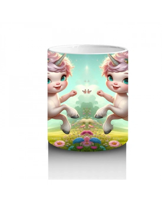 Çocuklara Sütü Sevdiren Çiçekli Taçlı Sevimli Unicorn Desenli Kupa Bardak
