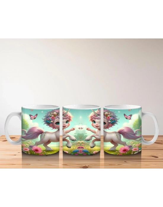 Çocuklara Sütü Sevdiren Çiçekli Taçlı Sevimli Unicorn Desenli Kupa Bardak