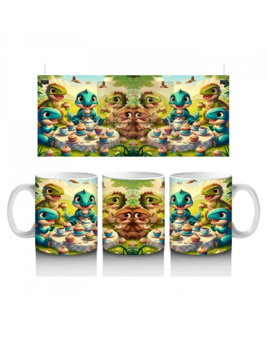 Çocuklara Sütü Sevdiren Cupcake Partisi Yapan Sevimli Dinozorlar Desenli Kupa Bardak
