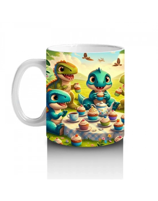 Çocuklara Sütü Sevdiren Cupcake Partisi Yapan Sevimli Dinozorlar Desenli Kupa Bardak