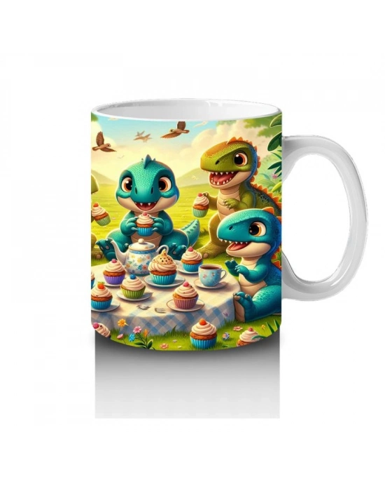 Çocuklara Sütü Sevdiren Cupcake Partisi Yapan Sevimli Dinozorlar Desenli Kupa Bardak
