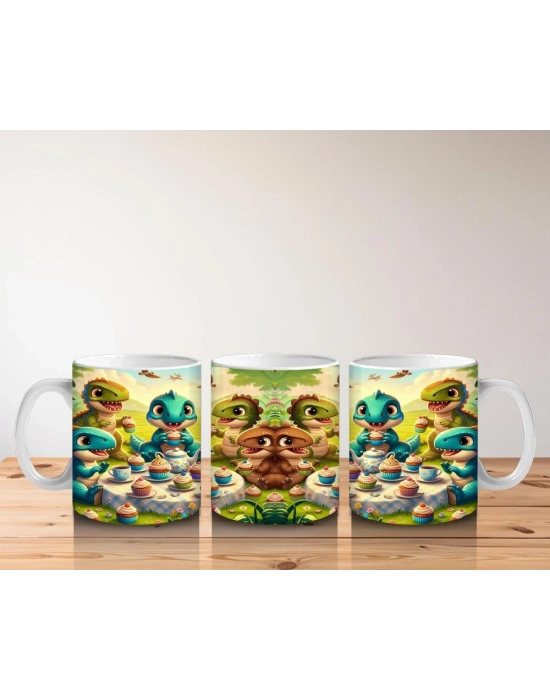 Çocuklara Sütü Sevdiren Cupcake Partisi Yapan Sevimli Dinozorlar Desenli Kupa Bardak
