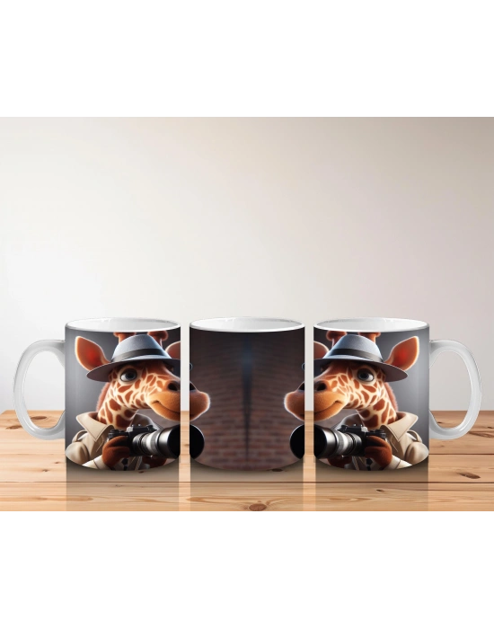 Çocuklara Sütü Sevdiren Dedektif Şapkalı Fotoğrafçı Zürafa Desenli Kupa Bardak