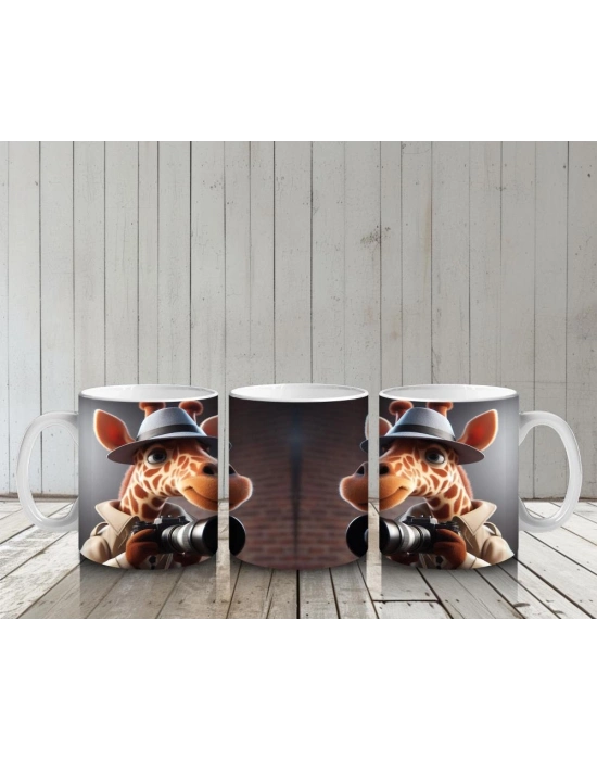 Çocuklara Sütü Sevdiren Dedektif Şapkalı Fotoğrafçı Zürafa Desenli Kupa Bardak