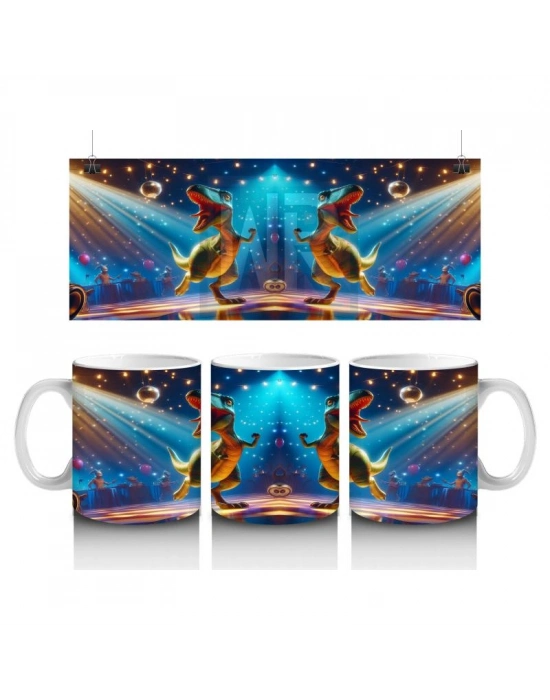 Çocuklara Sütü Sevdiren Disko Topu Altında Dans Eden Dinozor Desenli Kupa Bardak