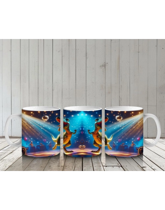 Çocuklara Sütü Sevdiren Disko Topu Altında Dans Eden Dinozor Desenli Kupa Bardak