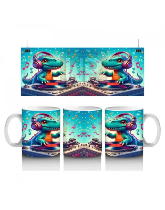 Çocuklara Sütü Sevdiren DJ Dinozor ve Müzik Dolu Parti Desenli Kupa Bardak