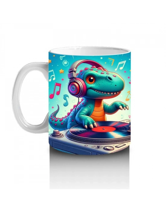 Çocuklara Sütü Sevdiren DJ Dinozor ve Müzik Dolu Parti Desenli Kupa Bardak